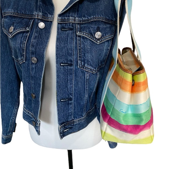 Coach Like New Hampton Leatherware Water Color Pastel Striped Canvas Tote - Picture 4 of 17